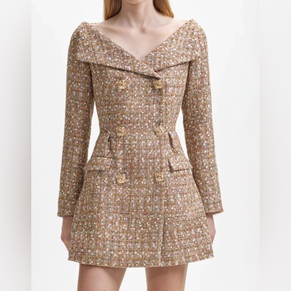 Self-Portrait Gold Tinsel Boucle Off Shoulder Tweed Mini Dress NWT - Picture 4 of 10